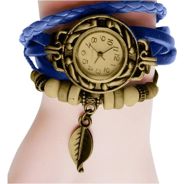 (Blue) New Watches For Women Retro Leather Leaf Pendant Watch Winding Accessories
