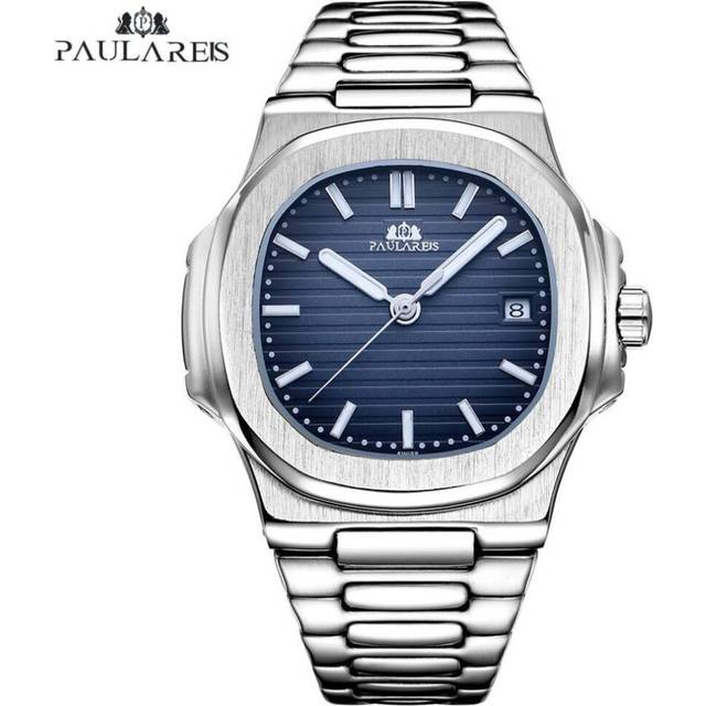 (navy blue) Paulareis Men Automatic Self Wind Mechanical Luminous Stainless Steel Blue Grey Coffe Black White Dial Simple Business Watch