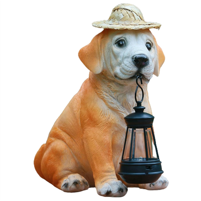 JJBRDZ Garden Dog Statues -Adorable Resin Figurines with Straw Hat&Solar