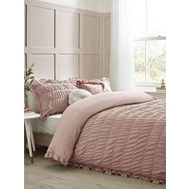 Catherine Lansfield Seersucker Frill Easy Care Duvet Cover Bedding Set Pink