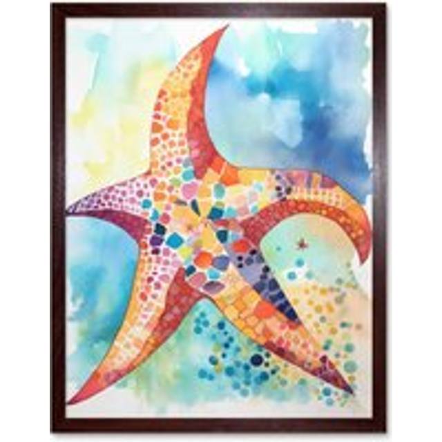 Wall Art Print Abstract Mosaic Starfish Folk Art Framed - Brown - W12 inch x H16 inch