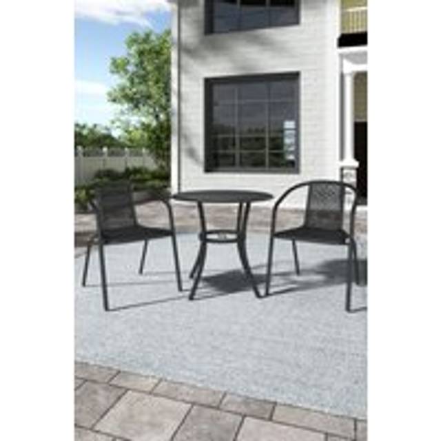 Outdoor Round Metal Slatted Patio Coffee Table with 2 Rattan Chairs - Black - One Size
