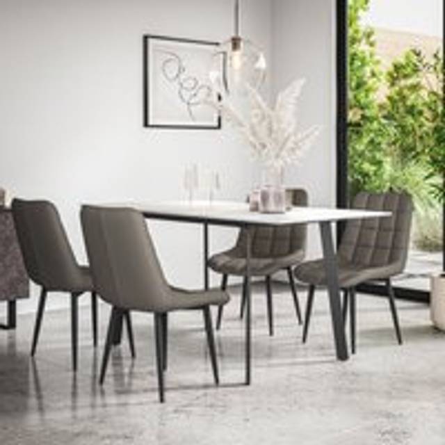 (Grey) Haydon Extending Marble Effect Dining Table Set w 4-6 Nova Faux Leather Chairs
