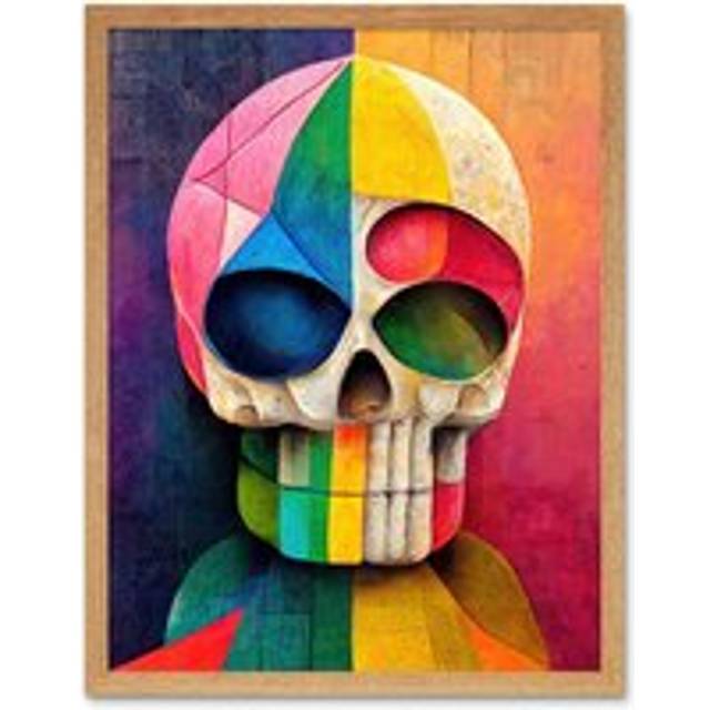 Wall Art Print Rainbow Colourful Geometric Skull Abstract Art Framed - Tan - W12 inch x H16 inch