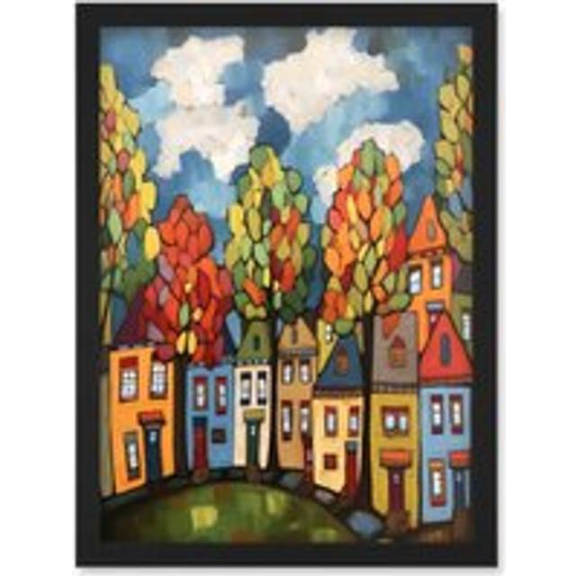 Multicoloured Row Of Houses With Autumn Trees Contemporary Folk Art Painting Artwork Framed Wall Art Print A4 - Black - One Size