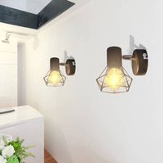 2 Black Industrial Style Wire Frame Wall Sconce with LED Filament Bulb - One Size