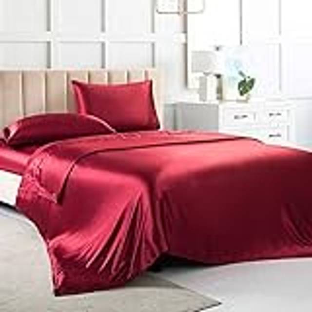 Satin Bed Sheets Queen Sheet Set  Red Silk Sheets  4 - Pieces Soft Bedding Set with 1 Deep Pocket Fitted Sheet 1 Flat Sheet 2 Pillowcase