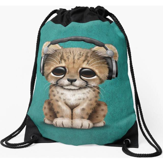 Drawstring Bag Cute Cheetah Cub Dj Wearing Headphones on Blue Sport Gym Shoe Backpack
