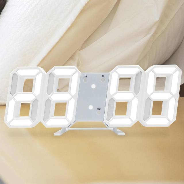 Digital Alarm Clock 3D LED Digital Wall Clock Time Date Temperature Display Brightness Adjustable white