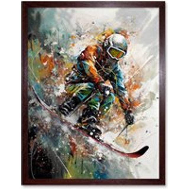 Wall Art Print Skier Skiing Winter Sport Paint Splat Painting Art Framed - Brown - W12 inch x H16 inch