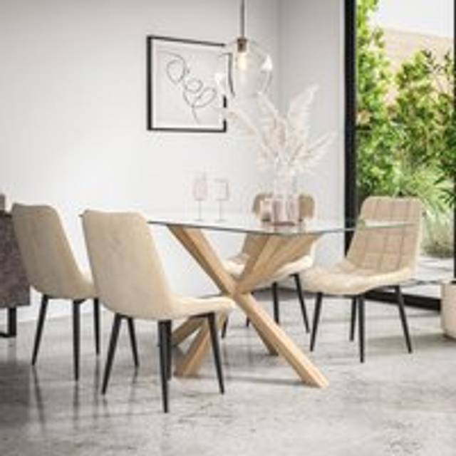 (Beige) Etta Glass Dining Table Set w Solid Oak Legs w 4-6 Nova Velvet Chair