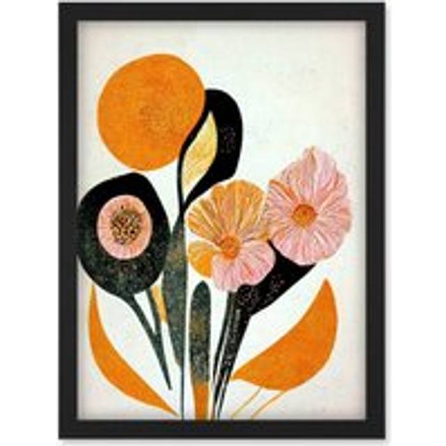 Abstract Painting Linocut Style Flowers In Autumn Pastel Pink Brown And Orange Artwork Framed Wall Art Print A4 - Black - One Size