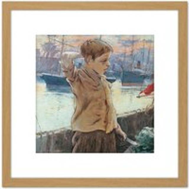 Adolfo Guiard Ships Boy Sea Sailing Painting 8X8 Inch Square Wooden Framed Wall Art Print Picture with Mount - Tan - One Size