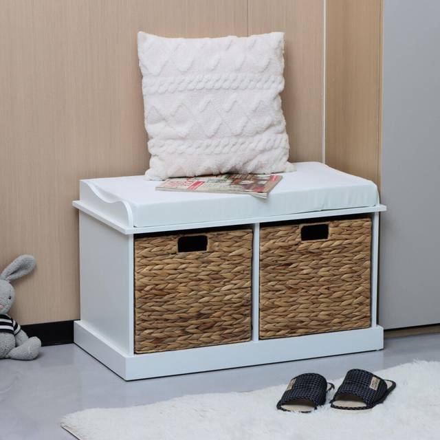 Hallway Storage Bench 2 Drawers Padded Cushioned White Wooden Frame