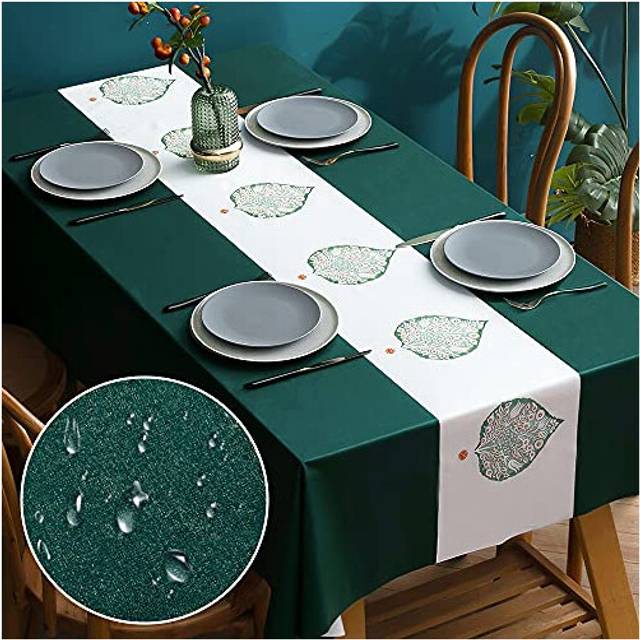 Table Cloth Wipeable Tablecloth PVC Plastic Rectangular, Wipe Clean Oil-proof Waterproof Table Cover for Kitchen Dinning Outdoor Party, Green Leaf 55