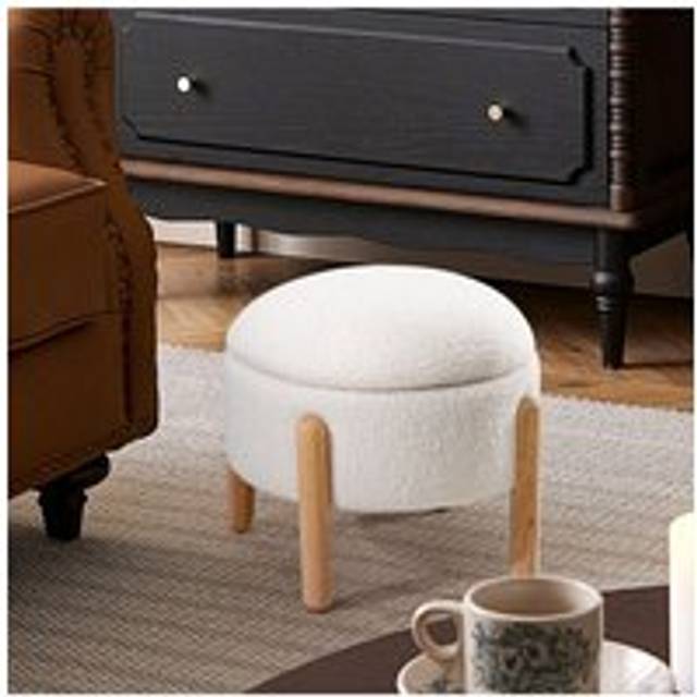 Living And Home Beige Upholstered Round Storage Ottoman Foot Rest - One Size