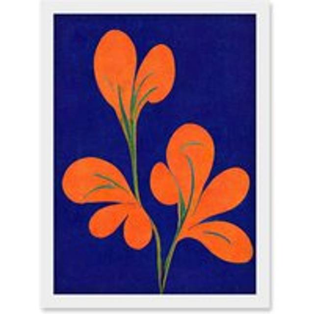 Henri Matisse Inspired Bright Abstract Orange Flower Blooms On Royal Blue Artwork Framed Wall Art Print A4 - White - One Size