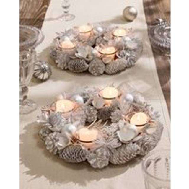 Set of 2 White Frosted Round Table Centrepiece Christmas Decoration Candle Holders Tealight Holder 30cm - 2 Pack