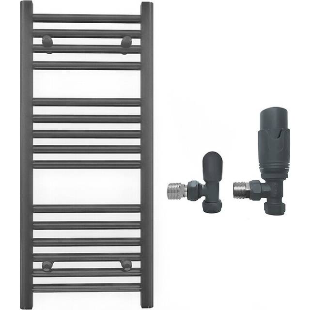 (With TRV Angled Valves, 400 x 800mm (BTU: 1172)) 400mm Wide Anthracite Towel Rail Radiator + Valves