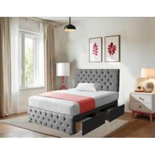 20'' Chesterfield Headboard & Footboard - Suede Chesterfield Divan Bedset' - 10'' Spring Mattress - 2 Drawers - Bedroom Furniture - Dark Grey - King