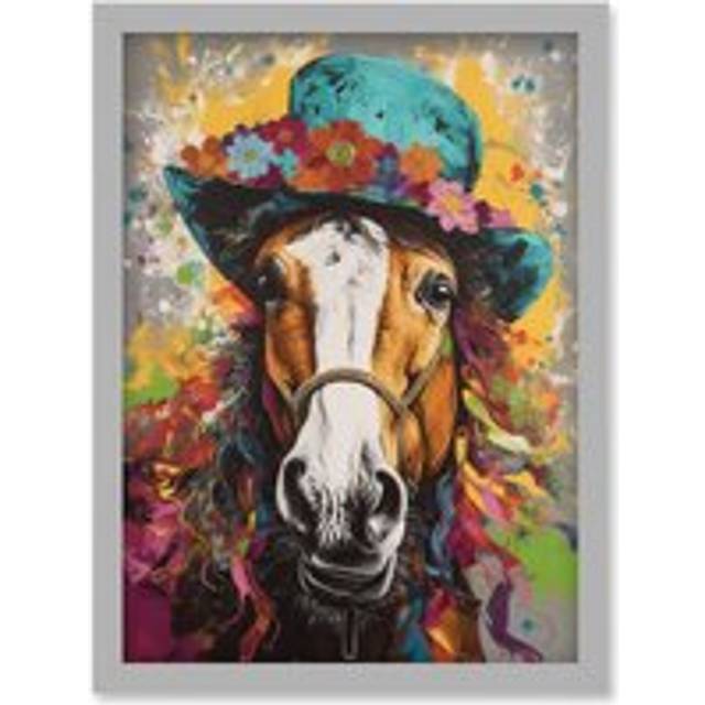 Horse Wearing a Flower Summer Hat Multicoloured Artwork Framed Wall Art Print A4 - Grey - One Size