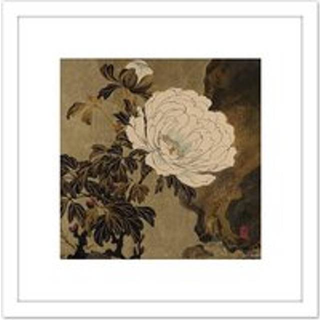 Zeshin Peonies Flower Japan Laquer Painting 8X8 Inch Square Wooden Framed Wall Art Print Picture with Mount - White - One Size