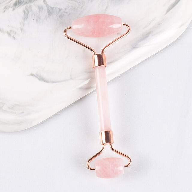 (a-rose quartz) Wholesale Facial Massage Roller With Silicone Caps Keep Mute Natural Stone Jade Tool Crystal Slimming Anti Wrinkle Cellulite