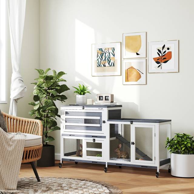 PawHut 2 Tier White and Grey Small Animal Pet Hutch with Run and 2 Openable Top - 25 x 76 x 94.5cm