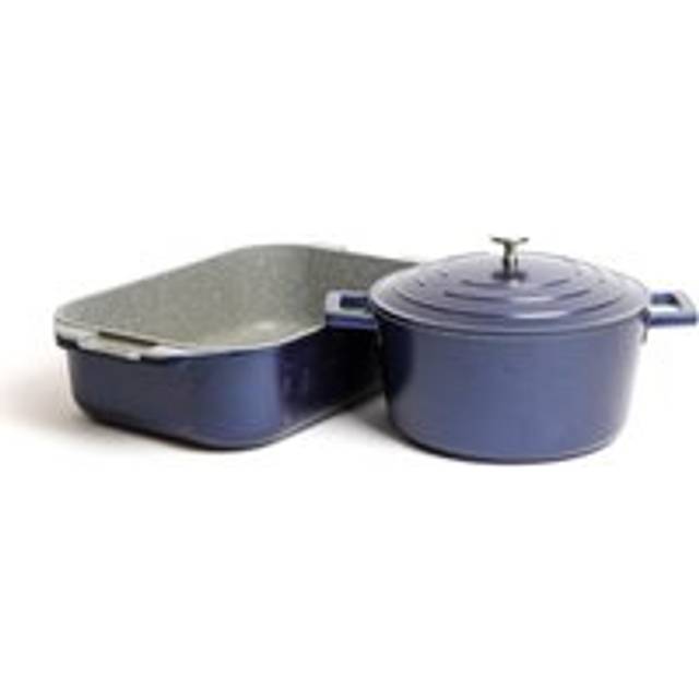 2pc Blue Cast Aluminium Cookware Set with 1x Non-Stick 4L Casserole Dish and 1x Non-Stick 34cm Roasting Pan - Black - One Size