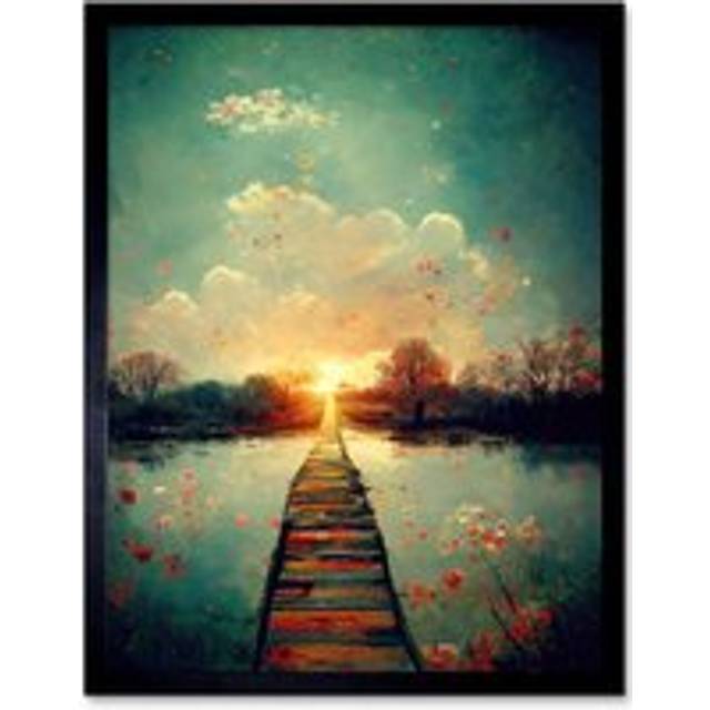 Wall Art Print Path Into The Light Calm Landscape Oil Painting Art Framed - Black - W12 inch x H16 inch