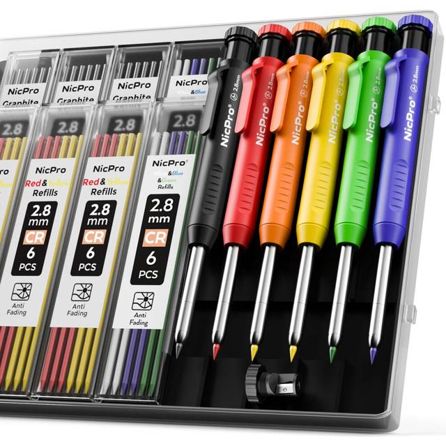 Nicpro 6 Pack Carpenter Pencil with Sharpener, Mechanical Carpenter Pencils with 54 Refills in 6 Colors, Deep Hole Marker Construction Heavy Duty