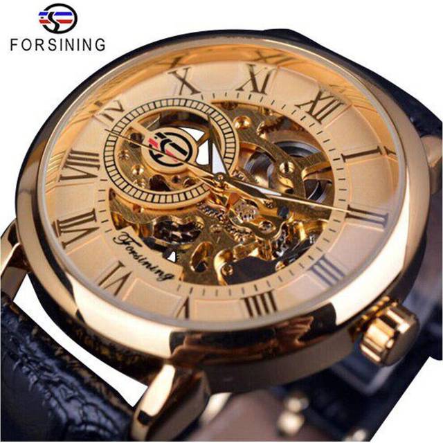 (golden) Forsining 3D Logo Design Hollow Engraving Black Gold Case Leather Skeleton Mechanical Watches Men Luxury Brand Heren Horloge