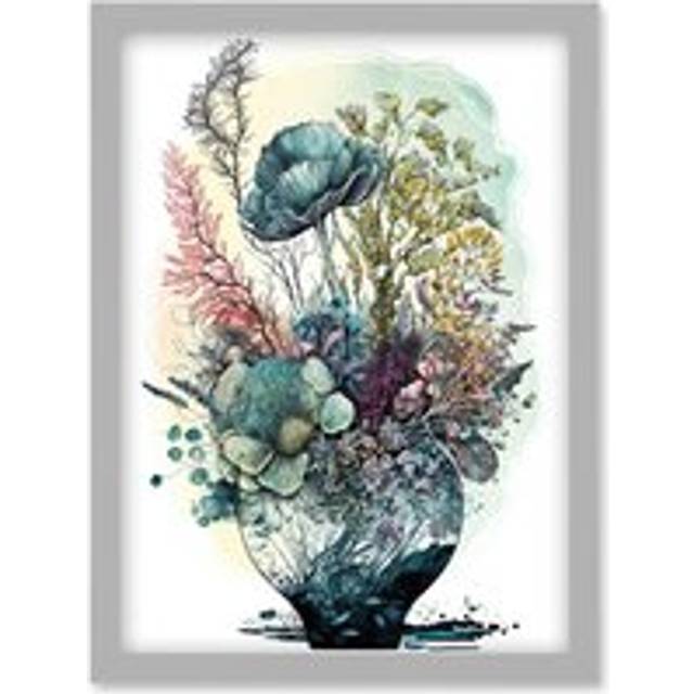 Spring Wildflowers Growing in a Glass Flower Pot Artwork Framed Wall Art Print A4 - Grey - One Size