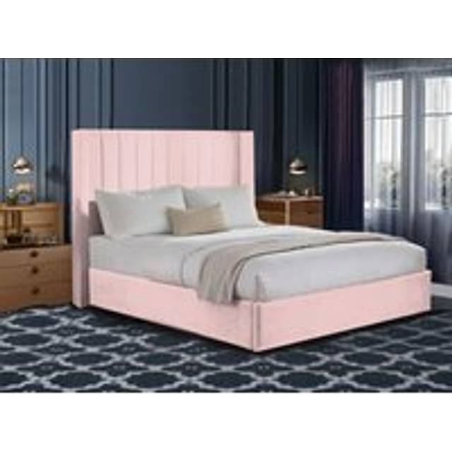 Plush Velvet Divan Bedset with 48'' Wingback Vertical Line Headboard & 10'' Spring Memory Foam Mattress & 2 Storage Drawers - Pink - Single