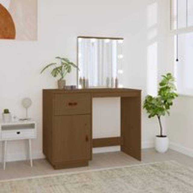 Dressing Table with LED Honey Brown 95x50x133.5 cm Solid Wood Pine - One Size