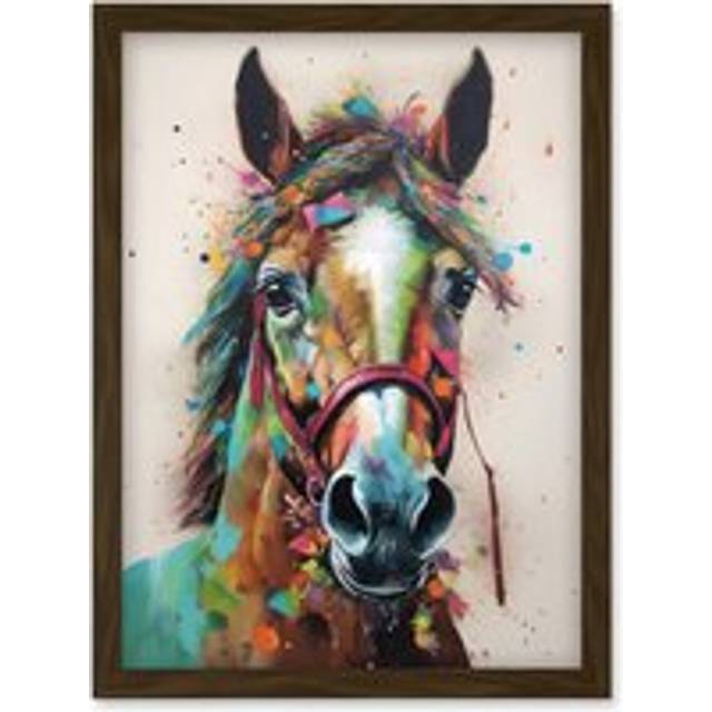 Horse Multicoloured Spray Paint and Oil Painting Artwork Framed Wall Art Print A4 - Brown - One Size