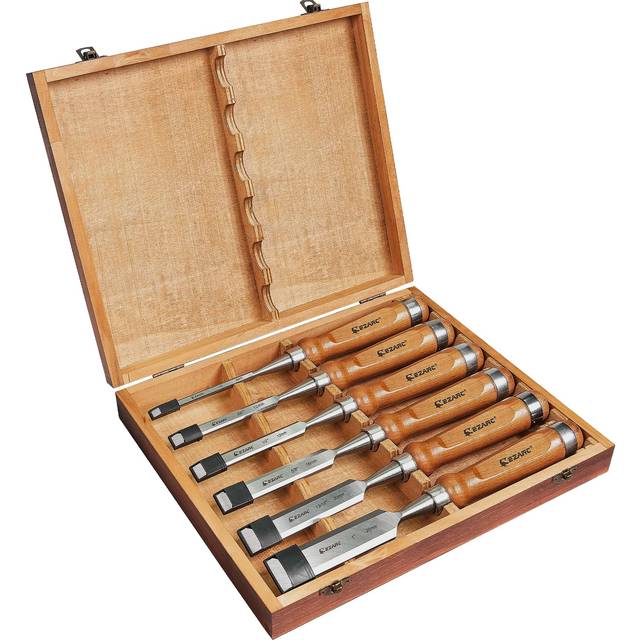 EZARC 6pc Wood Chisel Set for Woodworking - CRV Steel with Black Walnut Handle in Wood Storage Box