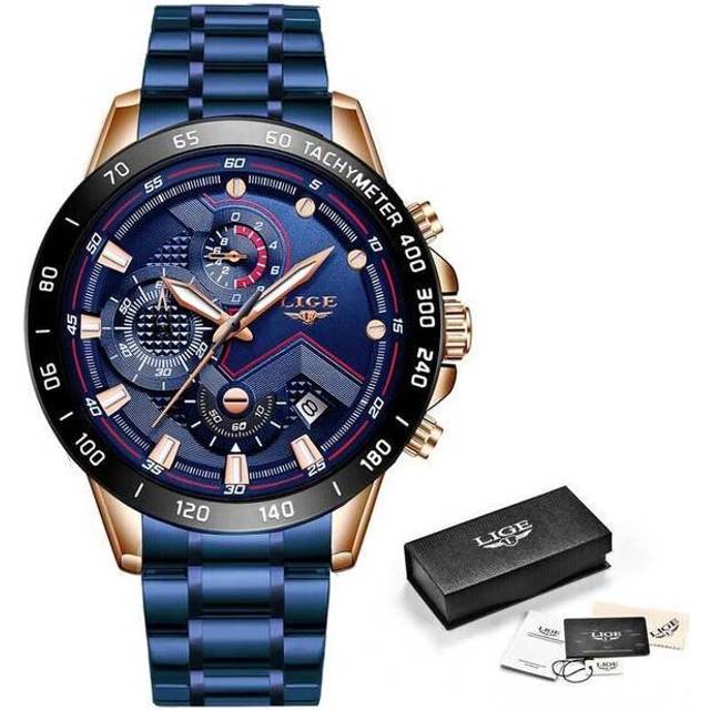 (Black Blue) LIGE 2020 New Fashion Mens Watches with Stainless Steel Top Brand Luxury Sports Chronograph Quartz Watch Men Relogio Masculino
