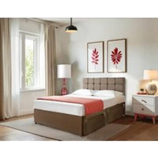 Luxurious Beige Linen Look Divan Bed Set - 20" Cubic Headboard with 10" Spring Memory Foam Mattress - 2 Storage Drawers - Brown - Super King