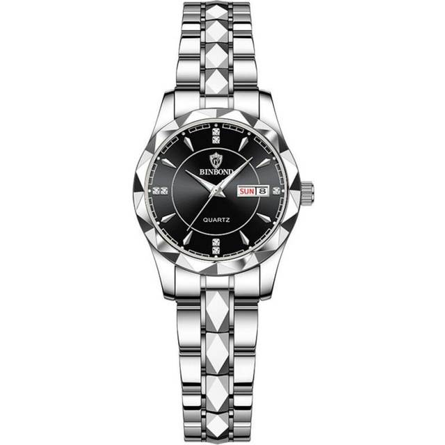 (silver,black) 2023 New Trendy Business Ladies Watch Fashion Waterproof Luminous Stainless Steel Strap Automatic Date Week For Women