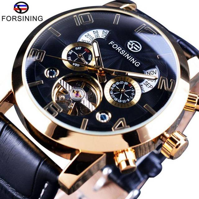 (grey,gold) Forsining Men&apos;s Luxury Tourbillon Automatic Mechanical Watch Wave Designdate Display Luminous Hands Water Resistant Fashionable Wrist