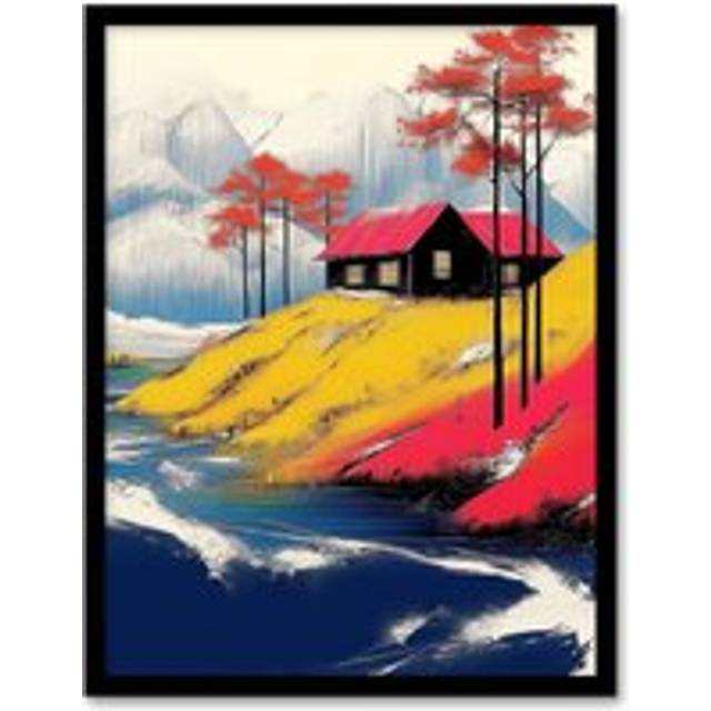 Fjord House Rural Winter Landscape Painting Framed Art Print - Yellow - W12 inch x H16 inch