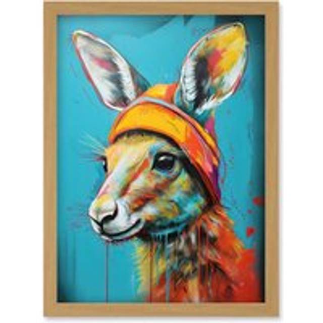 Baby Kangaroo Joey Wearing Hat Teal and Orange Artwork Framed Wall Art Print A4 - Tan - One Size