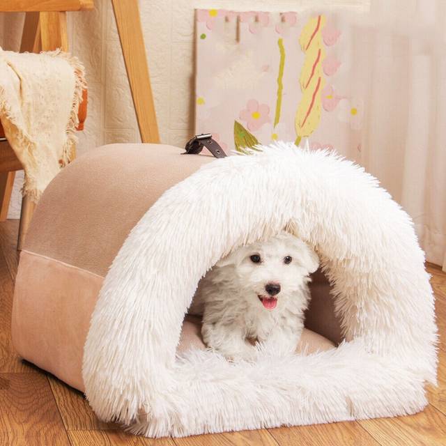 (Brown, Medium) Pet Nest Cat House Dog Bed Soft Fluffy Cushion Winter Warm Basket Indoor house