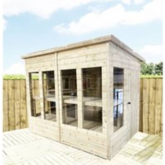 Marlborough - 8 x 5 Pressure Treated Tongue And Groove Pent Summerhouse - Potting Shed - Bench + Safety Toughened Glass + rim Lock with Key (8' x 5'
