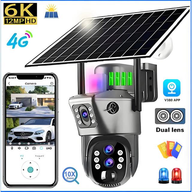 6K 4G Sim Solar Camera 10x Zoom IP CCTV 12MP Dual lens PTZ Surveillance PIR Human Detection Outdoor Security Protection Camera 4K Cam No Zoom