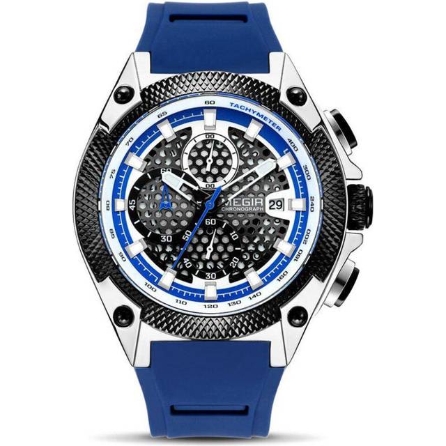 (blue) Megir Men Sport Watch Relogio Masculino Blue Silicone Strap Mens Watches Top Brand Luxury Luminous Waterproof Quartz Watch Man