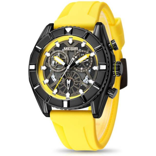 MEGIR Men's Sports Analog Chronograph Luminous Quartz Watch with Stylish Silicone Strap for Gifts yellow