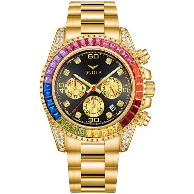 (gold,black) Fashion Rose Gold Business Men's Watch Rainbow Diamond Watch Ring Waterproof Solid Stainless Steel Strap Men Quartz Watch Chronograp