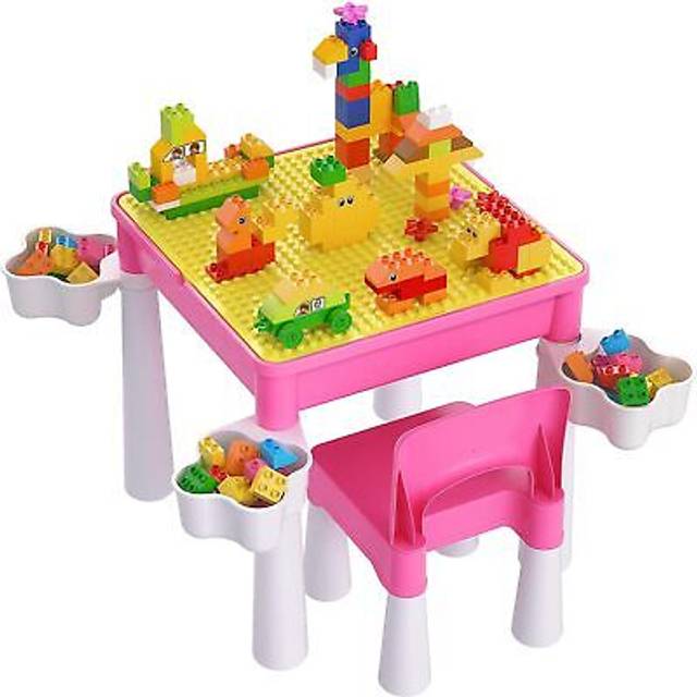 burgkidz Toddler Table and Chair Set, Plastic Kids Activity Table with Chair and 128 Piece Large Creative Brick Toys for Girls Age 3 Years and Up